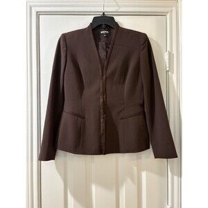 Kasper womens Short Blazer Suit Jacket size 2P 2 Petite Brown Faux Suede Trim